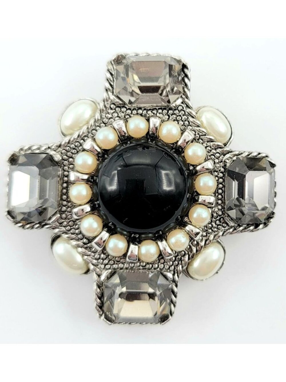 Ciner Silvertone Black Lucite, Rhinestone Simulated Pearl Brooch Pendant, NOS